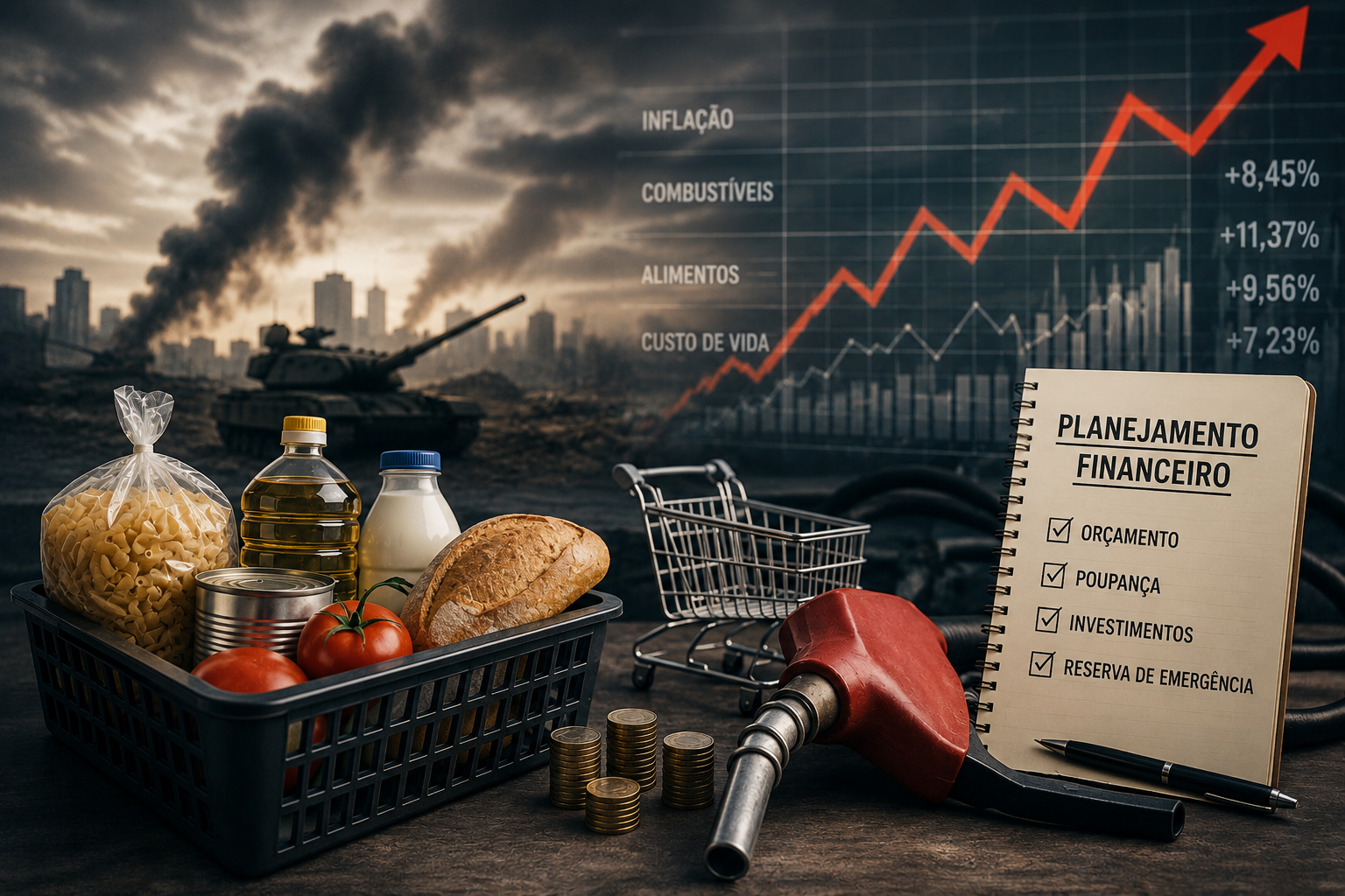 Ilustração mostrando o impacto da guerra na economia, com aumento de preços, alimentos, combustíveis e planejamento financeiro.